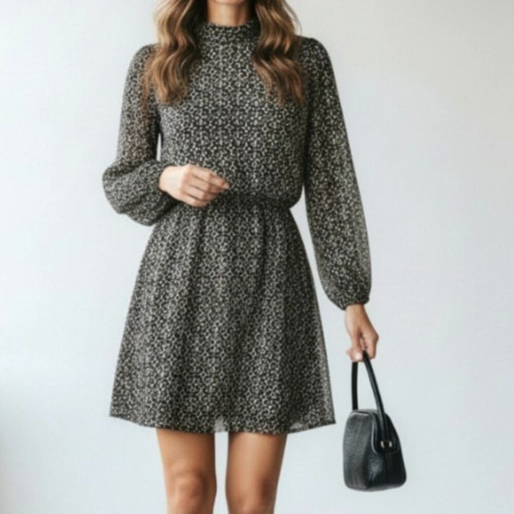 Lost + Wander Mini Dress Mira Black Floral Print Long Sleeve Pockets Size L NWT